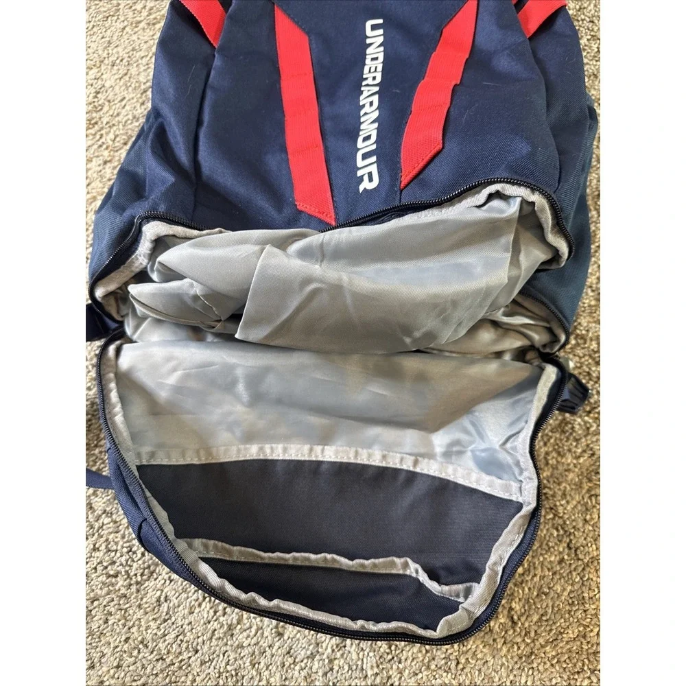 Under Armour Hustle Backpack Navy Blue w/ Red Stripes